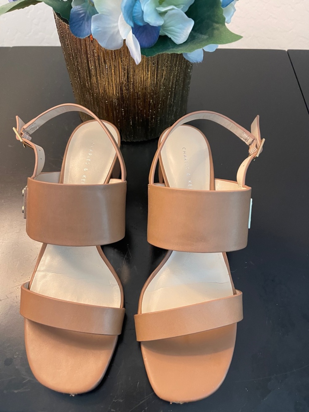 Charles & Keith Cognac Wide-Strap Block Heel Sandals